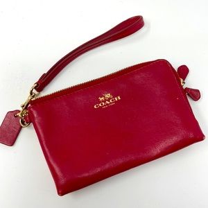 Coach Double Corner Zip Wristlet with Signature Print in Burgandy Red